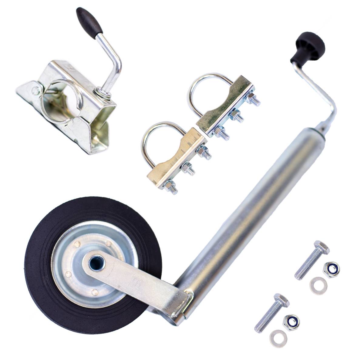 Stützrad 150kg, Ø48mm inkl. Runddeichselbefestigung 60-70mm, Klemmhalter & Schrauben
